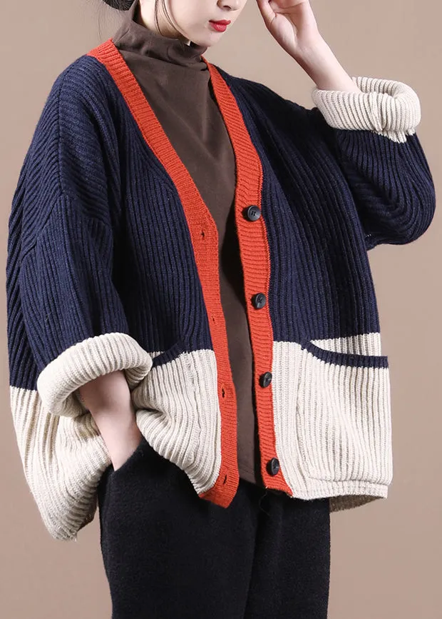 Women Navy V Neck Patchwork Button Thick Knit Sweaters Coats Fall