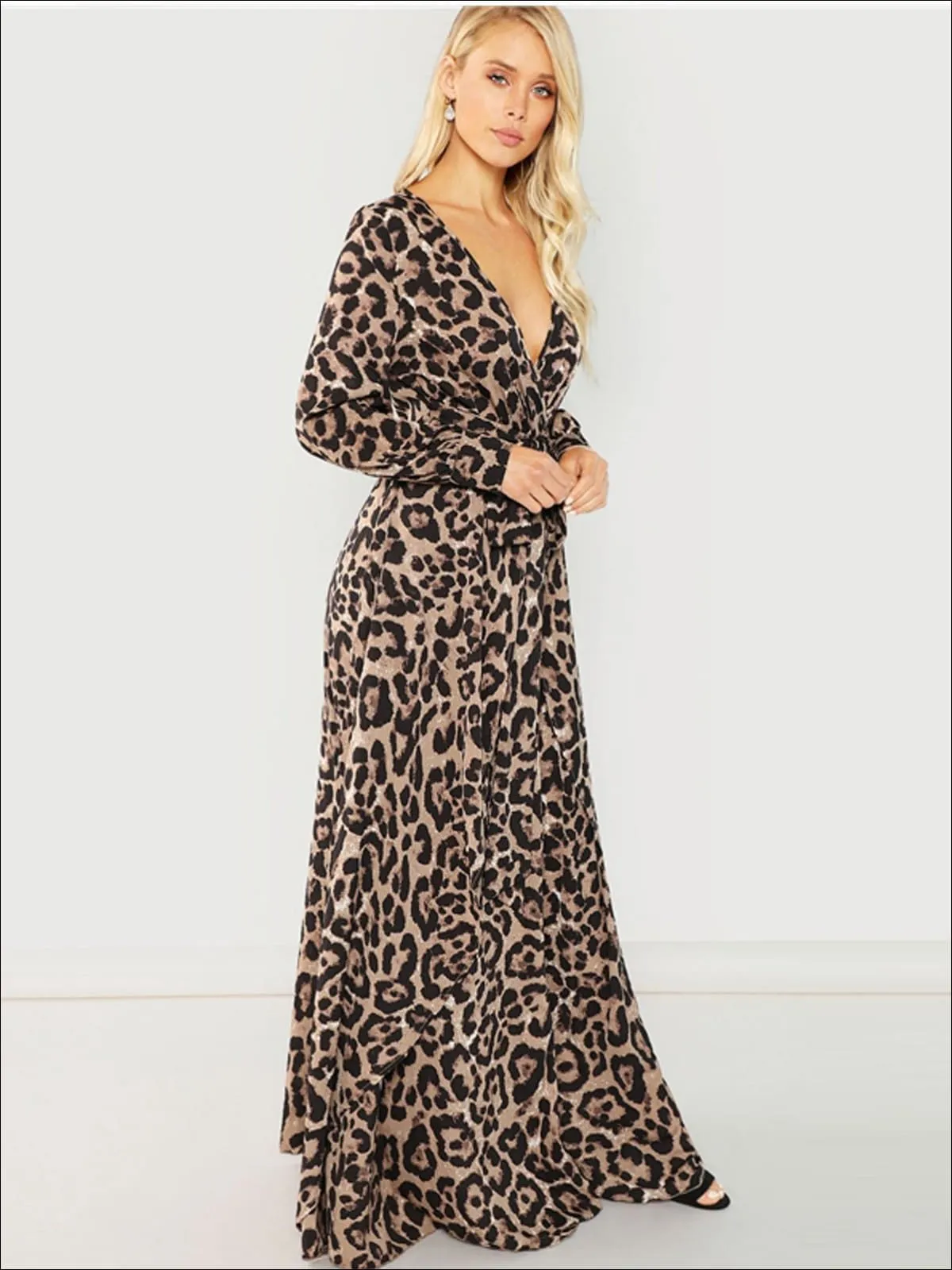 Women's Leopard Print Long Sleeve Wrap Maxi Dress