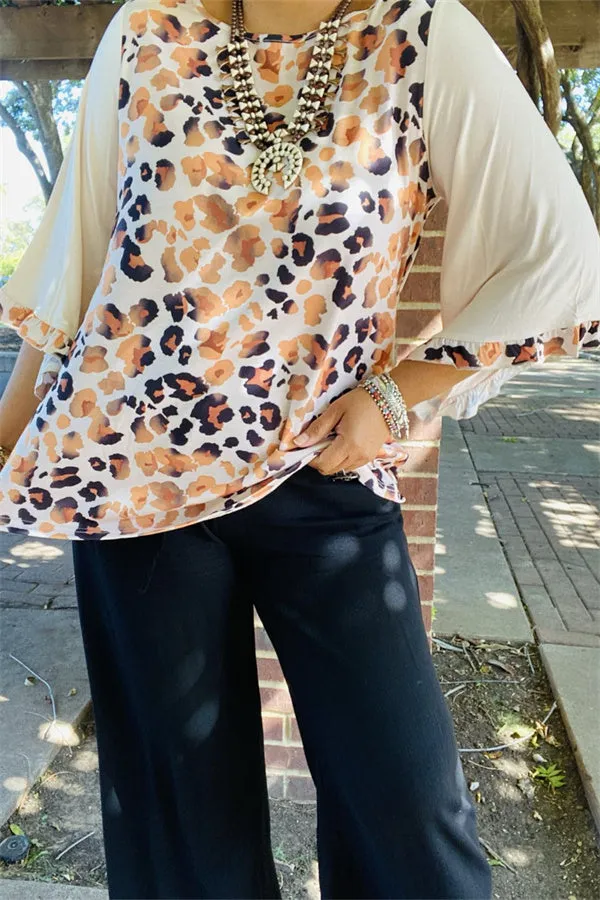 XCH15453 Leopard printed 3/4 loose sleeve/ruffle trim women tops