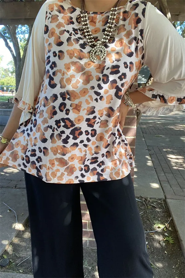 XCH15453 Leopard printed 3/4 loose sleeve/ruffle trim women tops